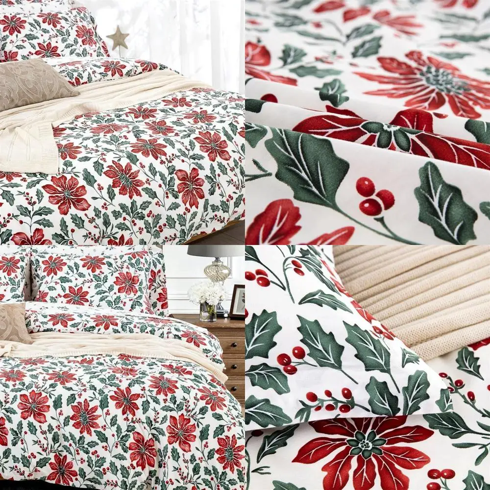 طقم غطاء لحاف قطن 100% مقاس كينج - 104x90 مع 2 شمز، تصميم زهرة عيد الميلاد في المزرعة #1