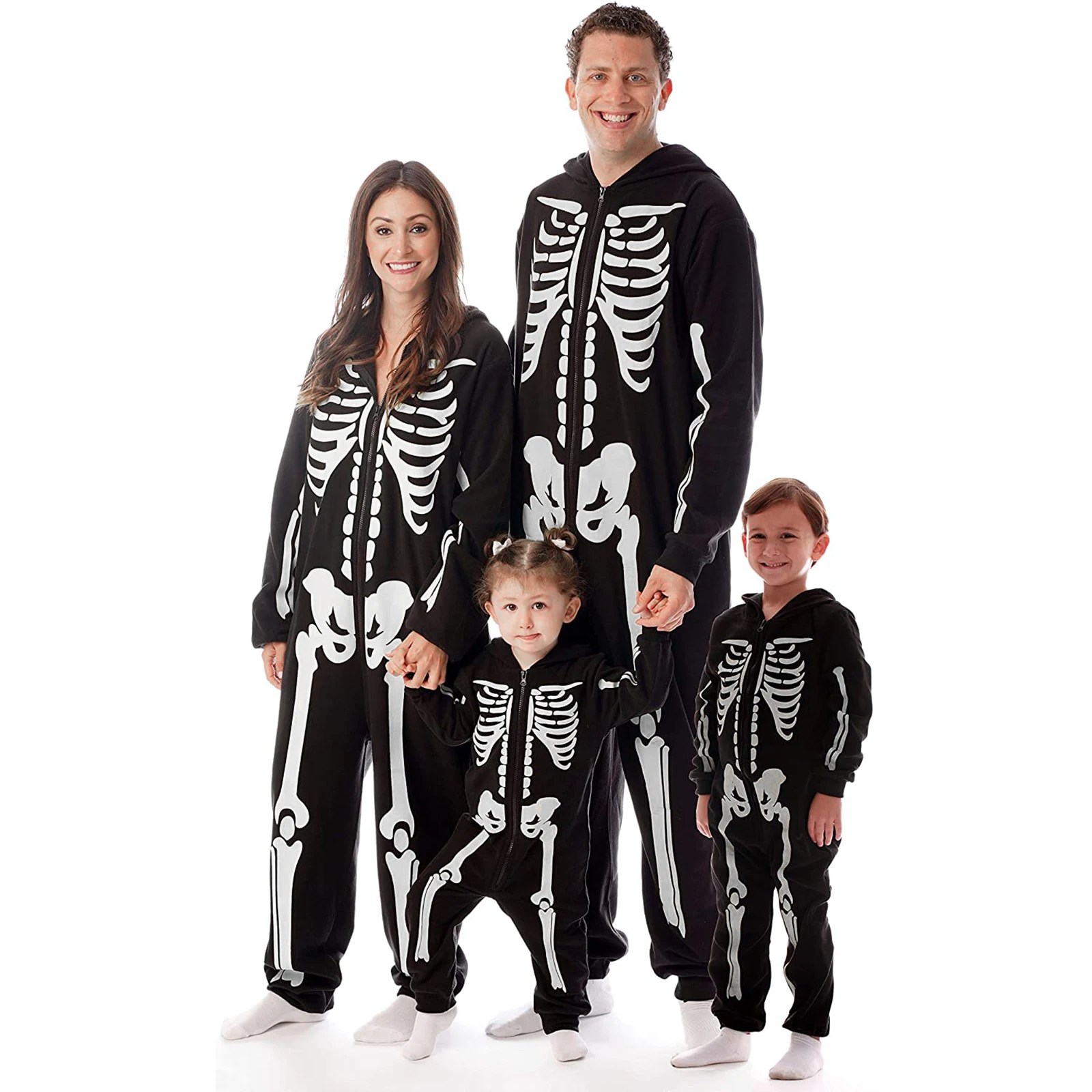 

Halloween Family Matching Jumpsuit, Skeleton Print Long Sleeve Hooded Romper with Zipper for Parents Kids