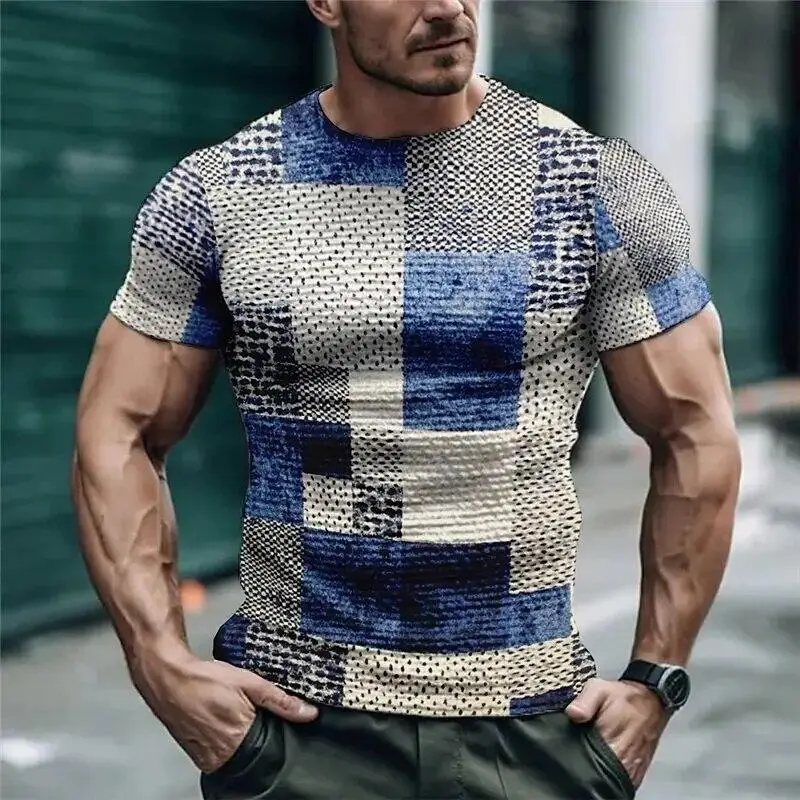 

Summer men's T-shirt loose top casual round neck short sleeve fashion 3D print plaid print sports casual fashion T-shirt