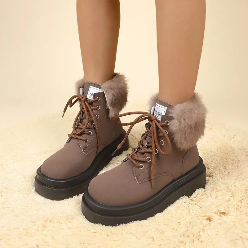 Shoes for Women 2024 High Quality Cross Lacing Women's Boots Fashion Short Plush Modern Boots Women New Round Toe Naked Boots