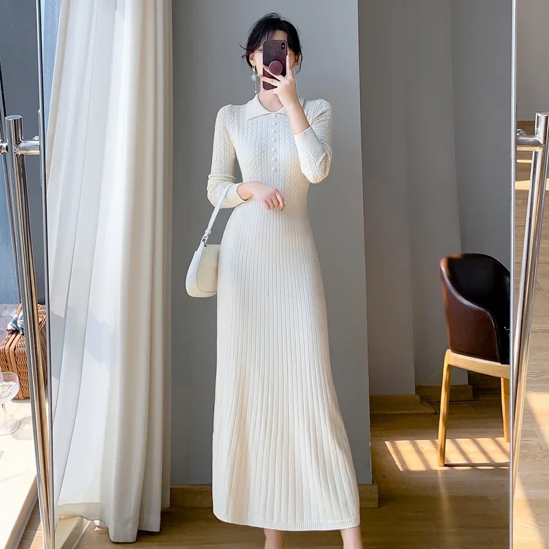 New 2025 Autumn Winter Sweater Dress For Women Purple White Or Black High Waist Elegant A Line Knitted Long Dresses Women