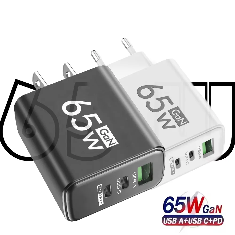 65W GaN Fast Wall Charger 3 Port USB A+C QC PD Charging Station Universal US EU UK KR Plug for Tablet Electronic smart devices