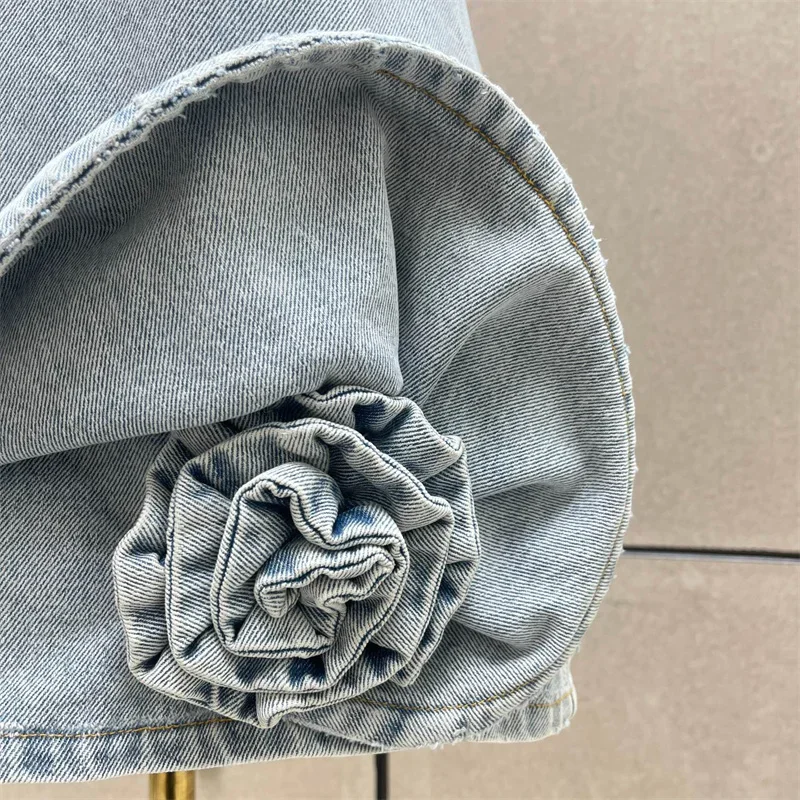 ชุดสตรี 2025 ฤดูร้อนใหม่ 3D ดอกไม้ชุดมินิผ้าฝ้ายแขนกุดสั้นเซ็กซี่ backless PARTY Dresses DENIM ชุด