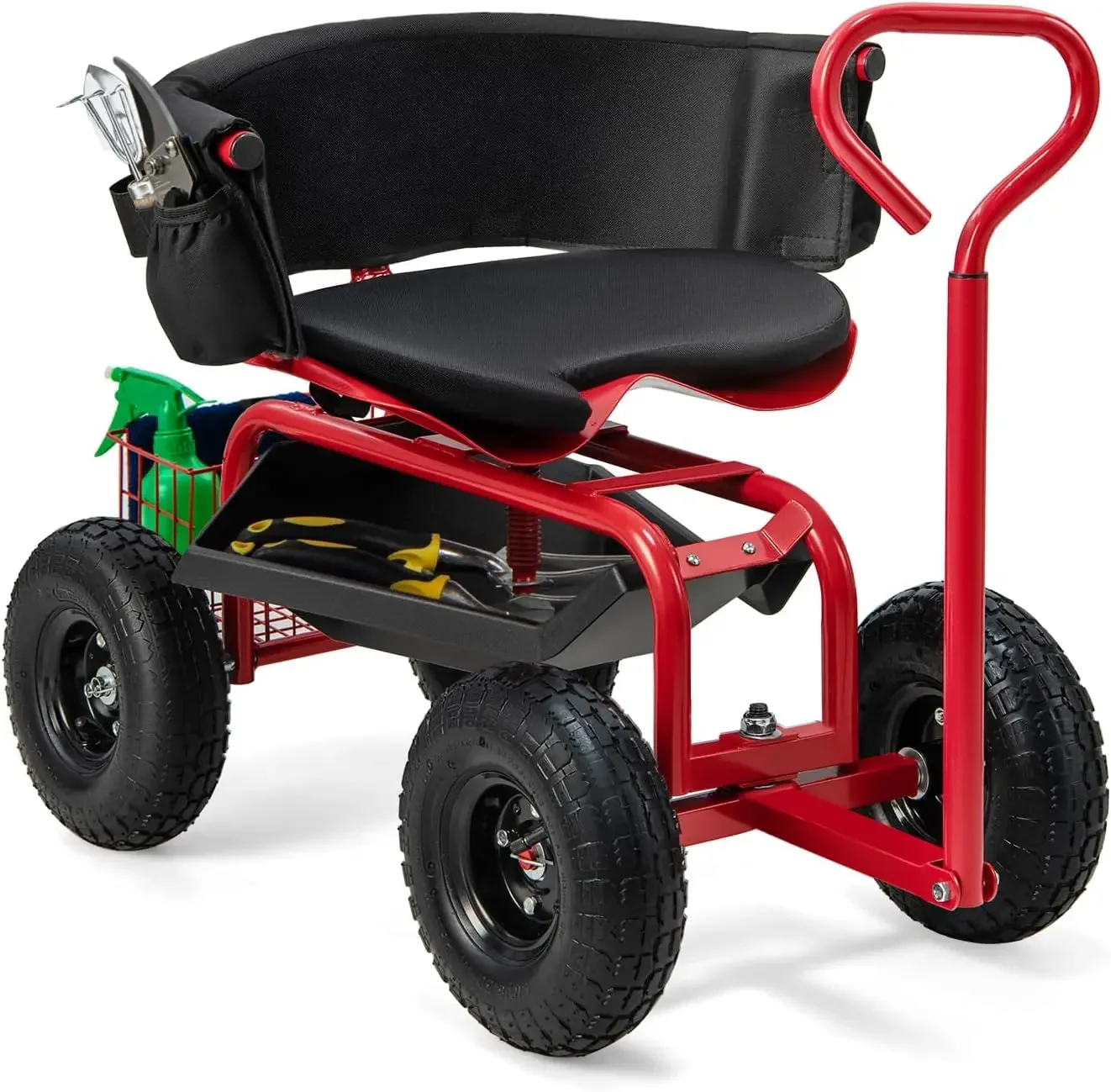 Garden Cart, Outdoor Rolling Garden Scooter W/Adjustable 360 Degree Swivel Seat, Tool Tray & Storage Basket