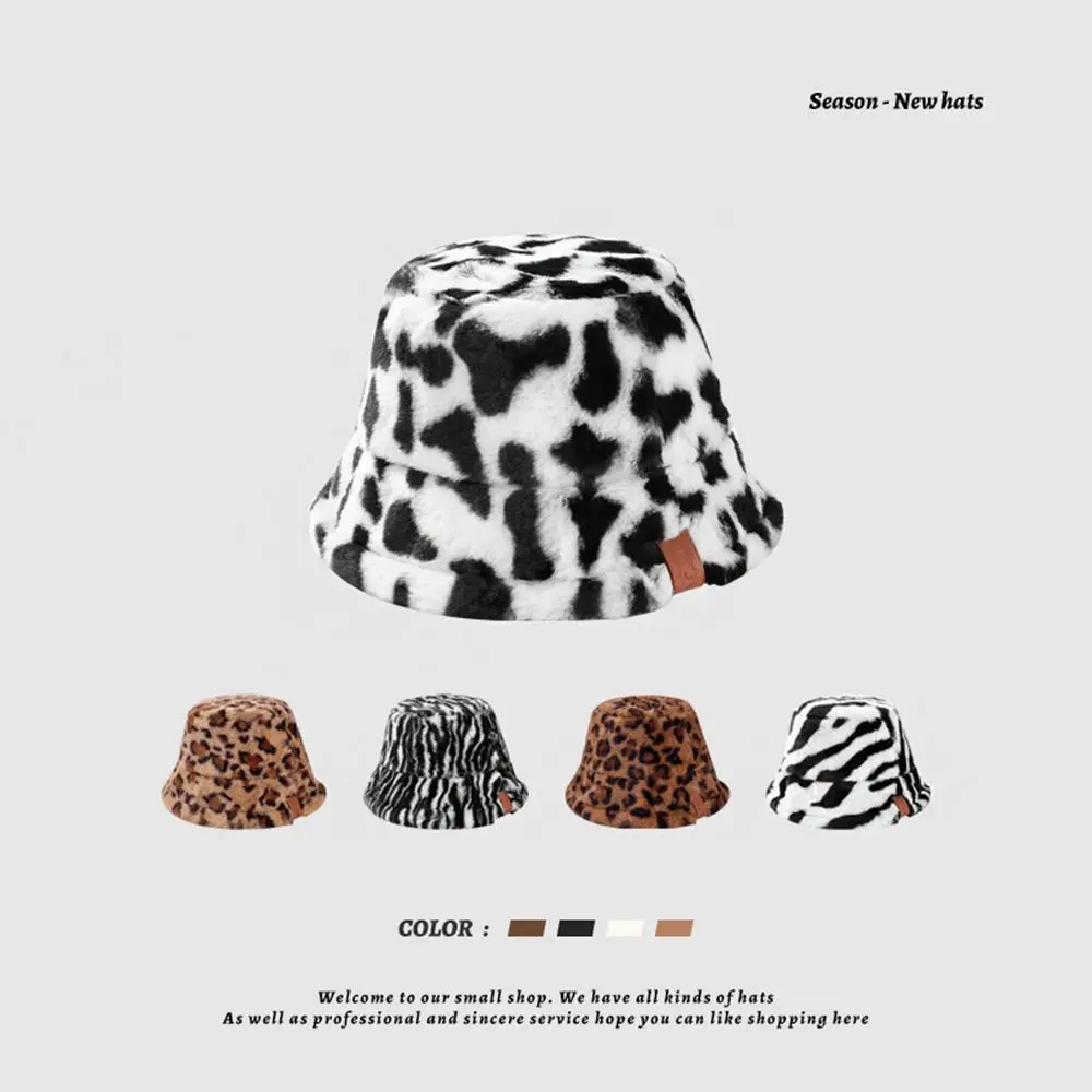 Lamb Plush Leopard Print Girl Casual Style For Women Flannel Bucket Hat Pure Color Caps Female Hats Korean Style Caps