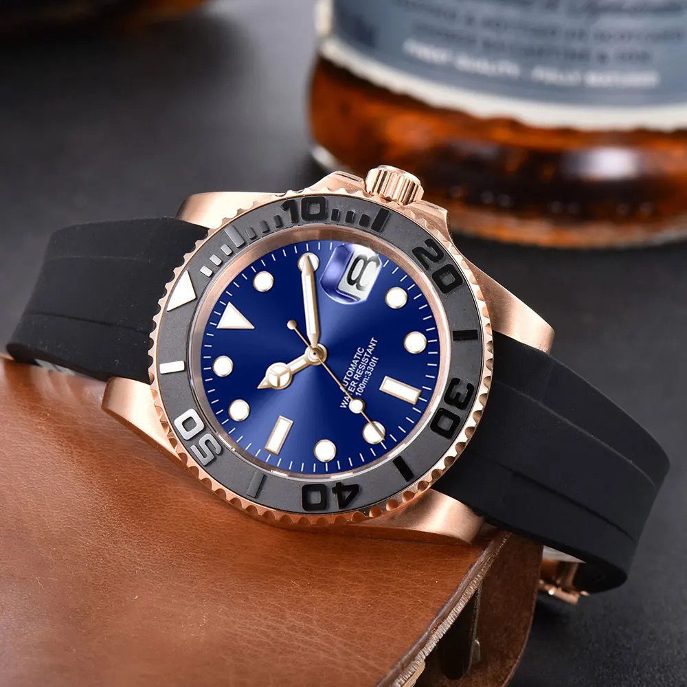 โลโก้ที่กําหนดเอง Luxury Sapphire คริสตัล NH35 Miyota อัตโนมัตินาฬิกา Rose นาฬิกาผู้ชาย 10Bar ว่ายน้ําวันที่ชายนาฬิกา