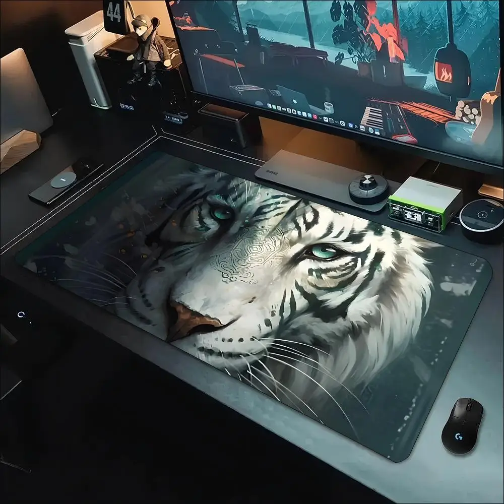 Wildlife White Tiger Gaming Mouse Pad Smooth Non‑Slip Rubber Desk Mat Mysterious Wild Animal Creature Print For Gaming Laptop