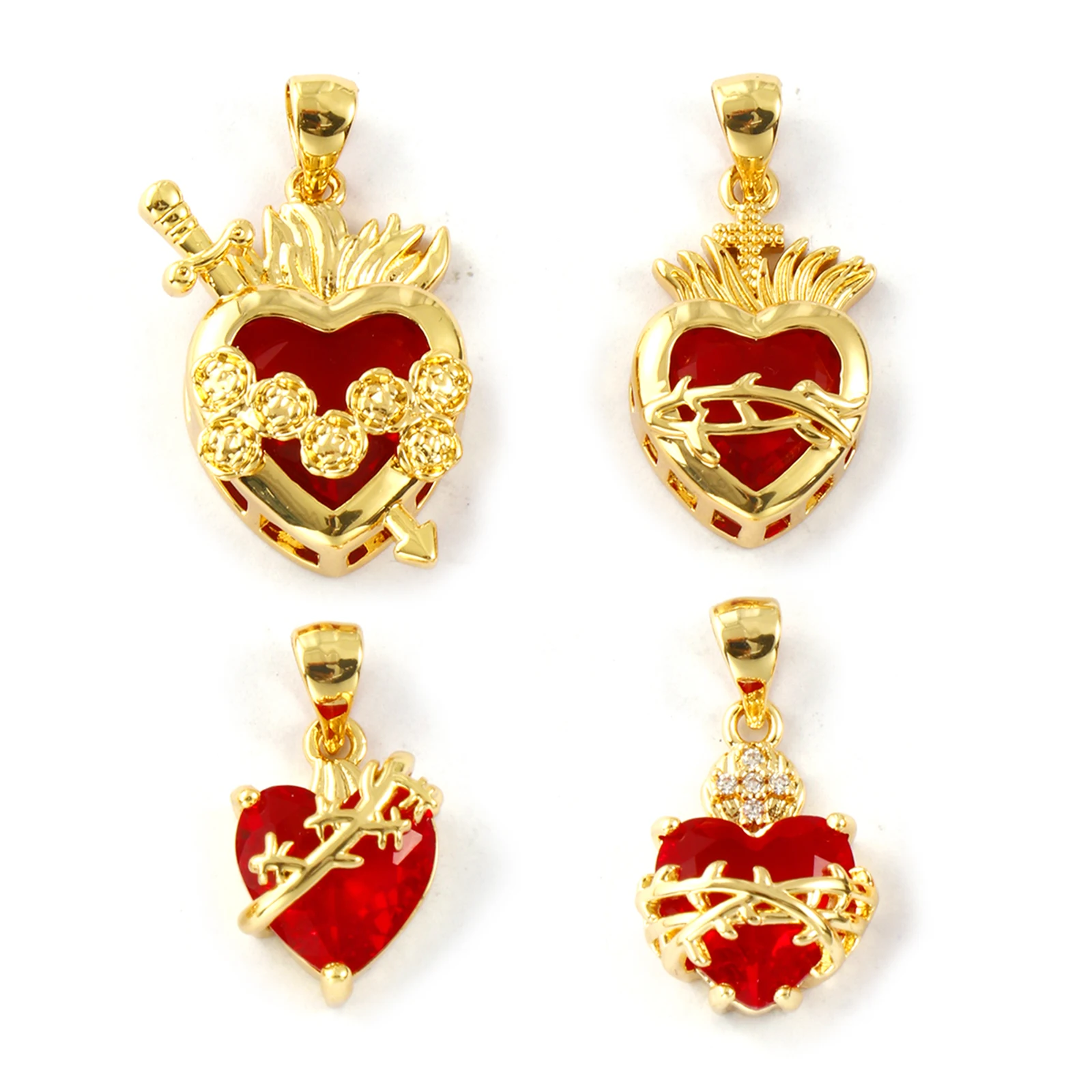 1 Piece Brass Religious Charm Pendant 18K Gold Plated Ex Voto Heart Red Cubic Zirconia For DIY Necklace Keychains Jewelry Making