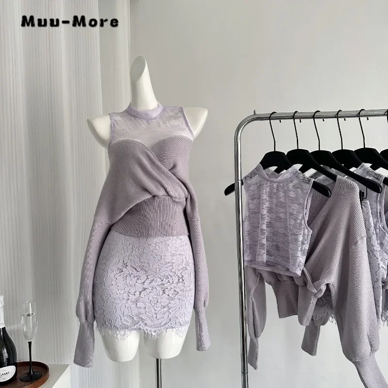 

2025 Spring Sexy Elegant Style 2 Piece Set Women Knitted Patchwork Top+Sheath Skirt Hotsweet Two Piece Purple Skirt Set Outfits