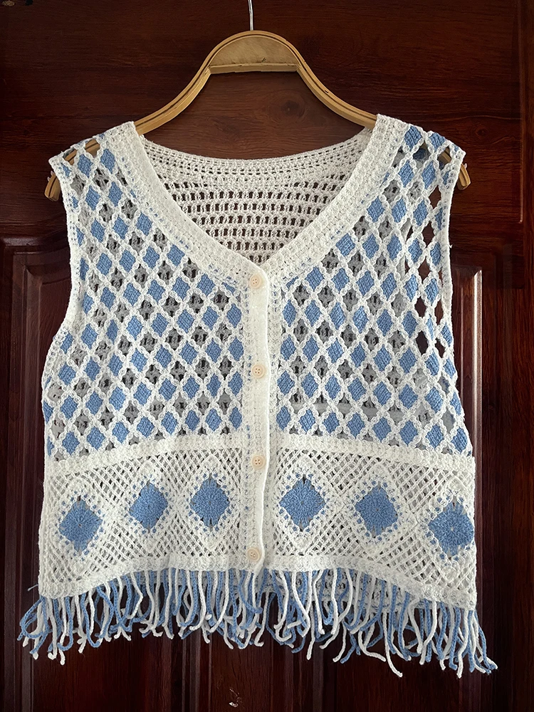 

Fringed Crochet Vest Women Button Front Sleeveless Sheer Open-knit Crop Waistcoat Top Teengirl Boho Vacation Beach Outfit