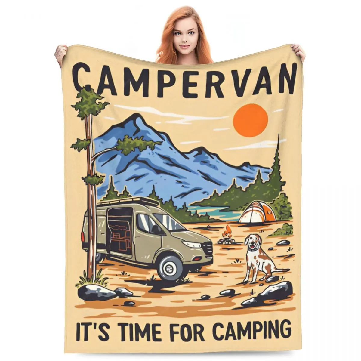 CamperVan Manta de punto de lana de verano Happy Camper, mantas ligeras para coche, sofá, dormitorio, colcha