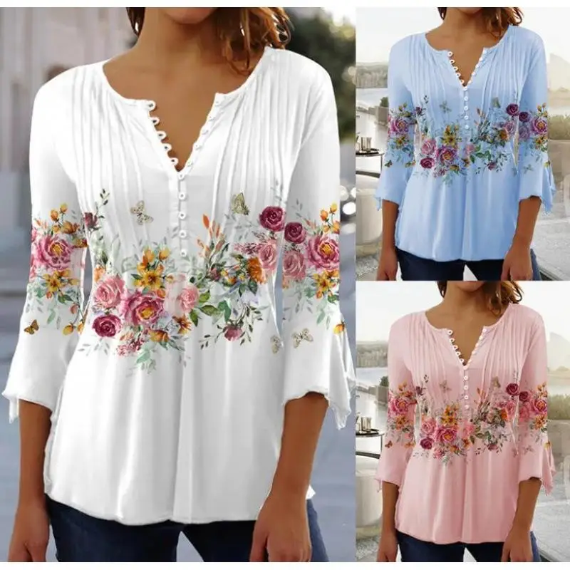 Floral Print V-Neck Short Sleeve T-Shirt Women's Base Shirt Button Detail Spring Summer Fashion New Arrival Base Layer Top