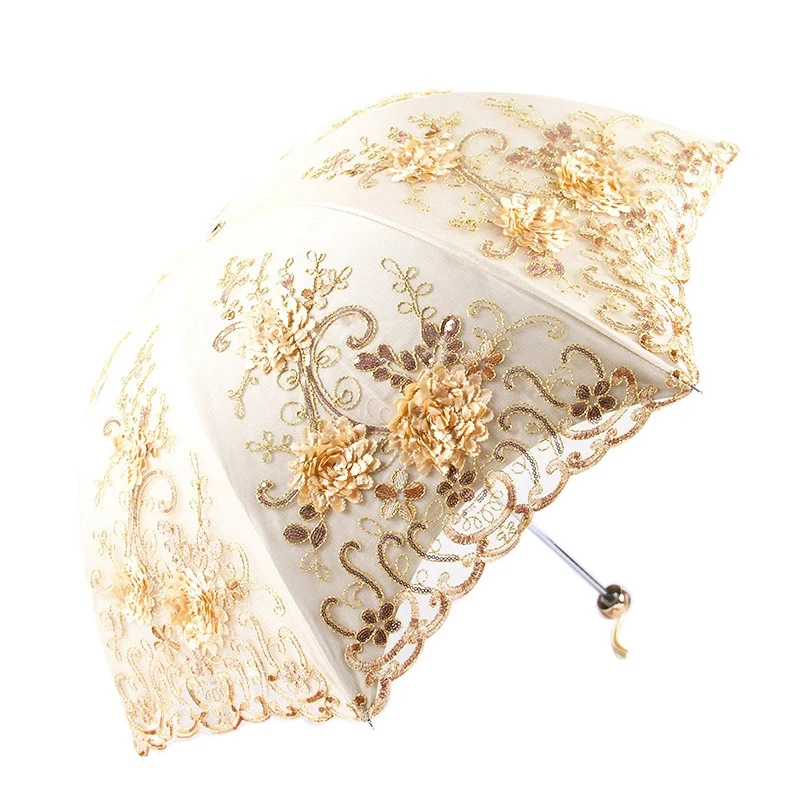 

Lace UV Sun Parasol Folding 3D Flower Embroidery Umbrella Outdoor Parasol Summer Wedding Flower Umbrella 5