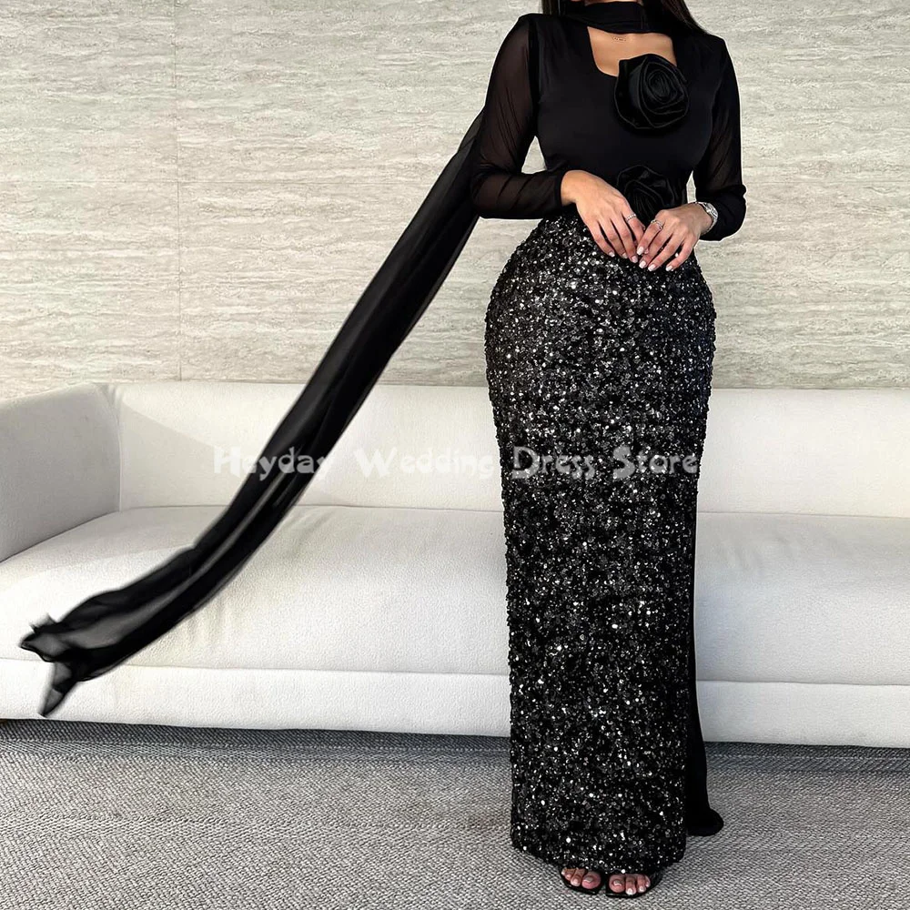 

Heyday Women's Square Neck 3D Flowers Sparkly Sequins Sheath Saudi Evening Dresses With Long Sleeves Formal Elegant Dresses 2025