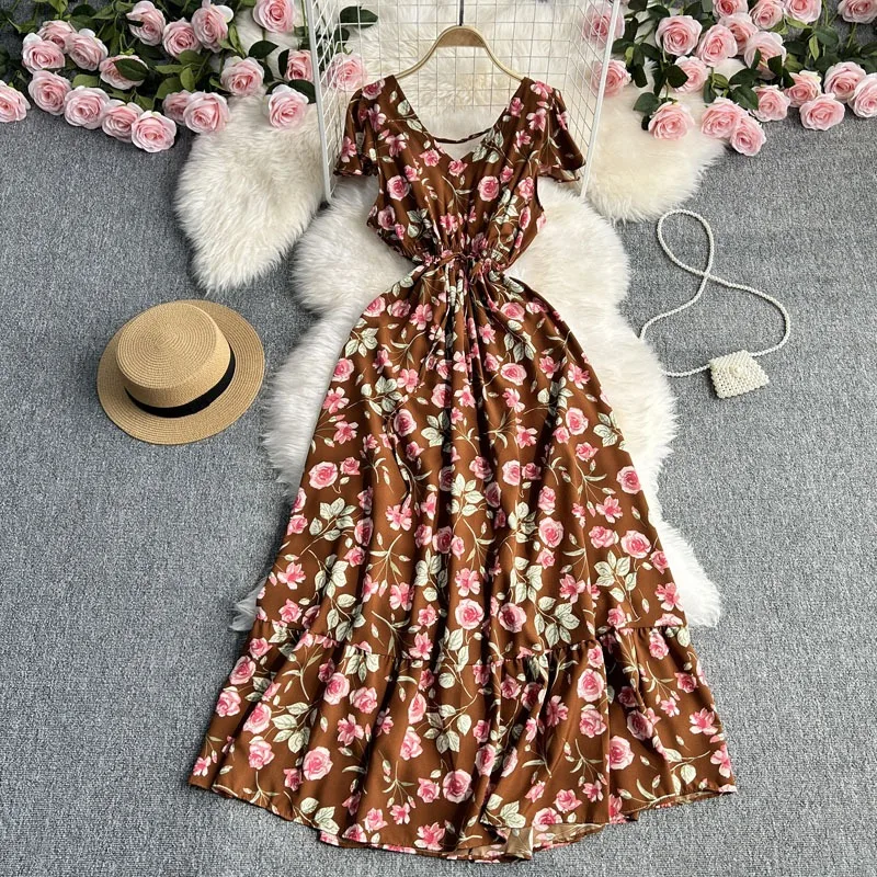 YuooMuoo Vacation Fashion Sexy Backless Long Maxi Dress Women 2024 Summer Elegant Floral Print Party Dress Beach Robe Femme