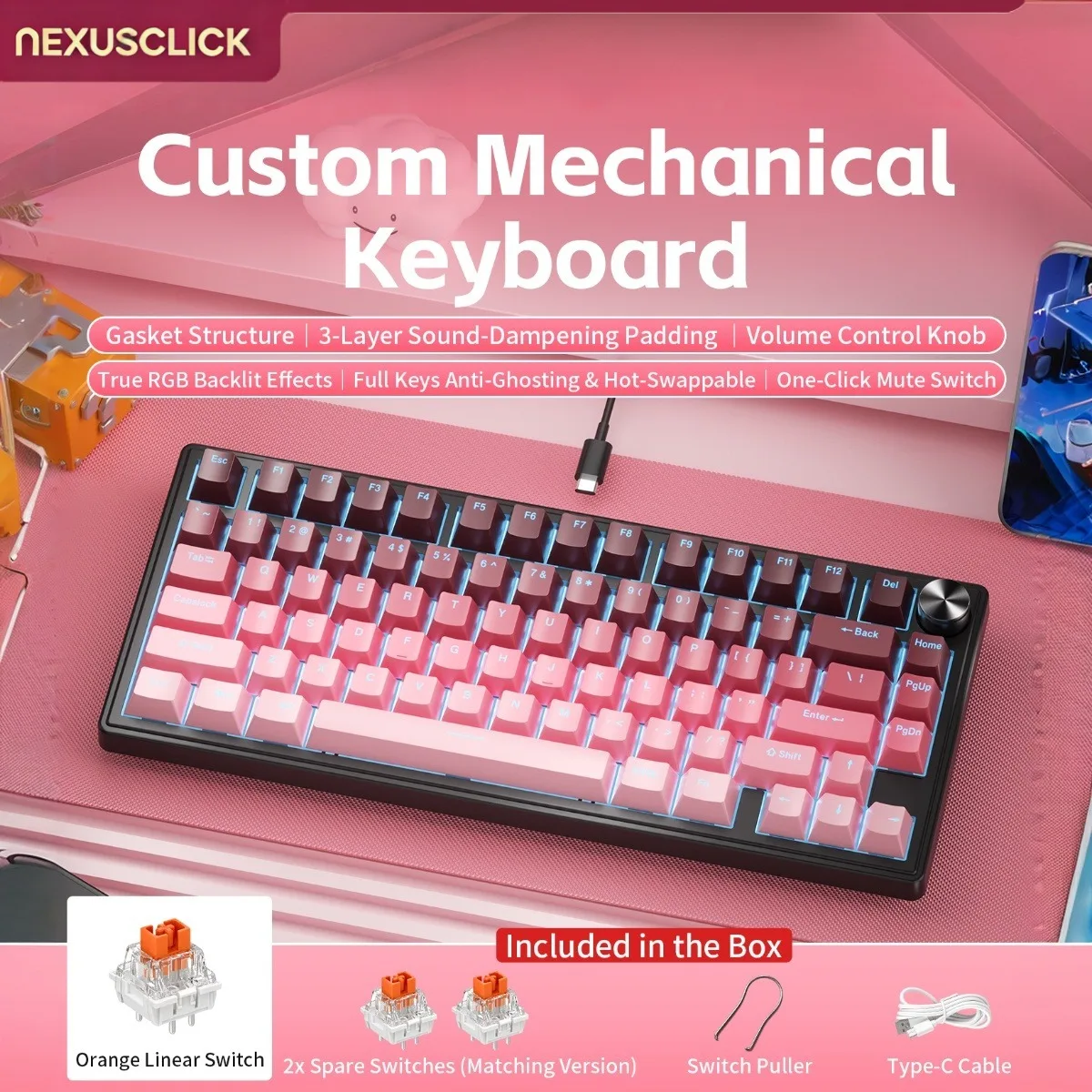 NEXUSCLICK K80 Mechanical Keyboard,Full Keys Hot-Swappable 3-Layer Sound Dampening RGB Type-C Wired 80% Compact Gaming Keyboard