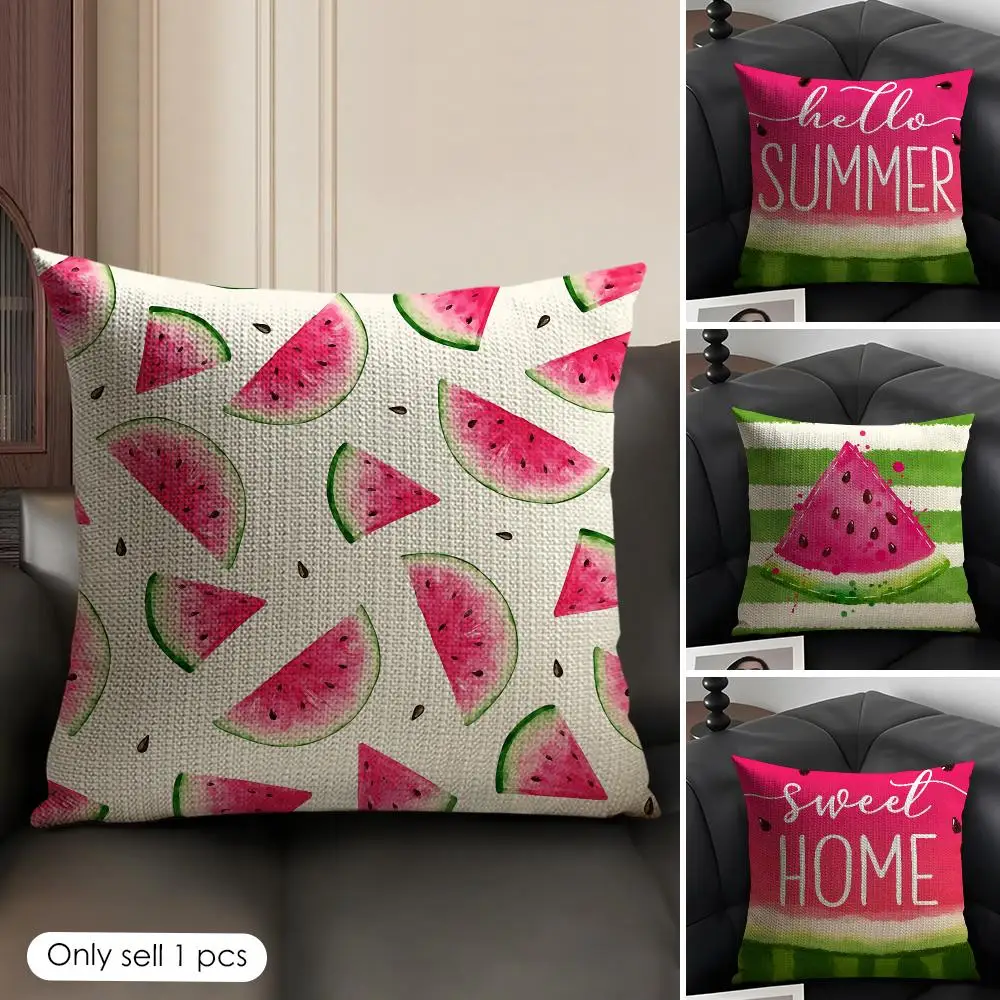 Summer Watermelon Print Cushion Cover Natural Linen Organic Fabric Double-Sided Printing Breathable Perfect Gift For Decor