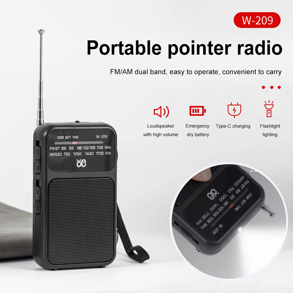 Radio Player Built-in Speaker Telescopic Antenna Radio Battery Operated Mini Radio Receiver Flashlight with 3.5mm Headphone Jack