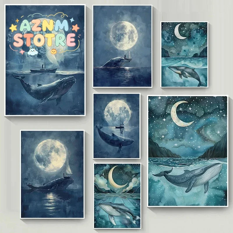 Nordic Moon Night Humpback Whale Shark Fish Sailboat Watercolor Art Poster Canvas Paintings Wall Art Pictures Home Decor