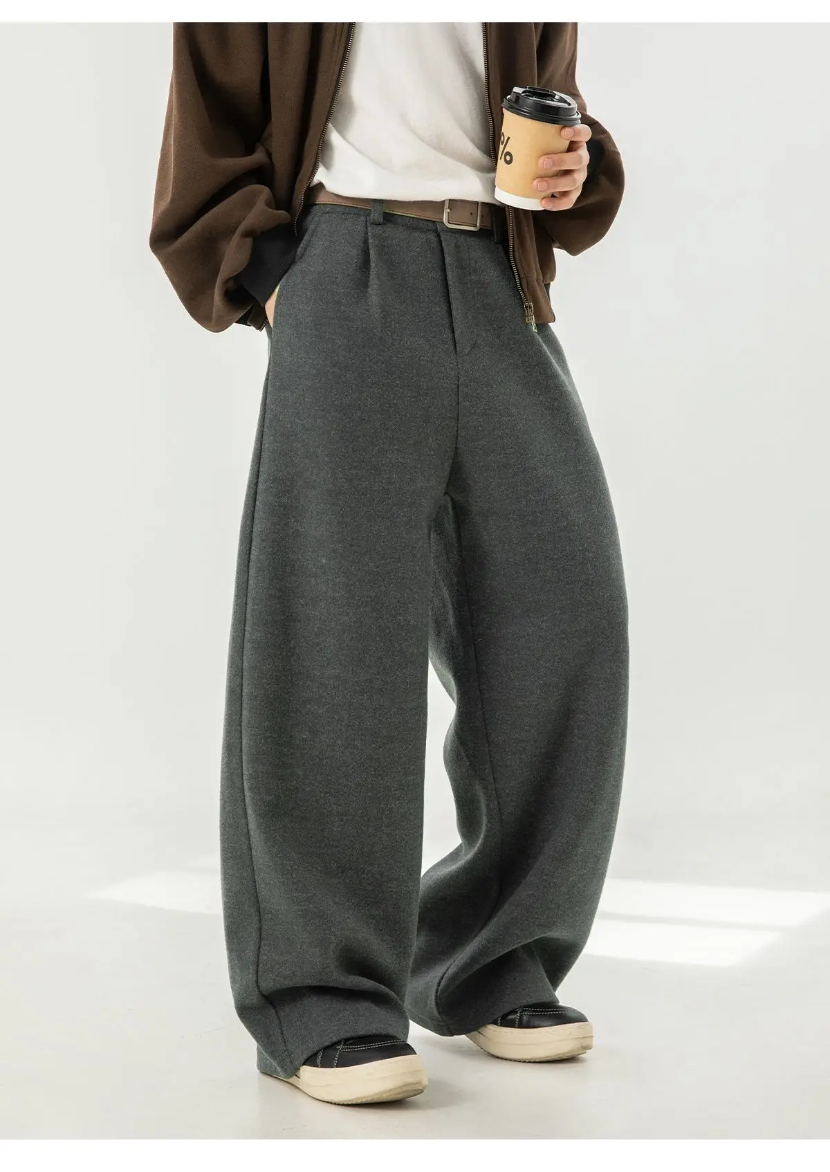 Herbst- und Winter-Herrenhose aus schwerer, strukturierter Wolle mit geradem Bein, locker gefaltet, Y2K Koreanische Baggy Casual Hose – Detail 7