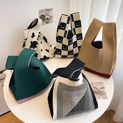 Ręcznie robiona dzianinowa torebka damska Mini węzeł torba na nadgarstek Casual Color Plaid Tote Bag Student torby na zakupy wielokrotnego użytku