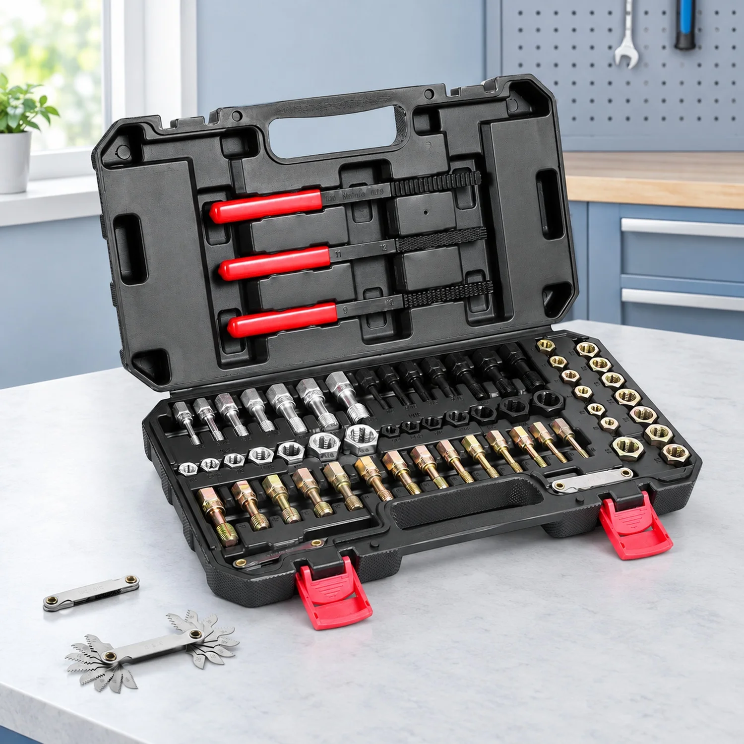 61-Piece Thread Chaser Set, UNC UNF and Metric Restorer Tool, Rethreading Kit with 28 Taps 28 Dies 3 Files Storage Case, Heat
