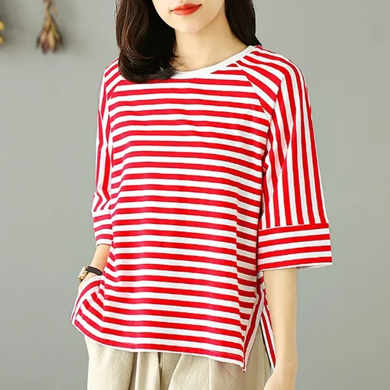 

Женский топ в горизонтальную полоску из чистого хлопка, новые летние повседневные универсальные свободные тонкие футболки