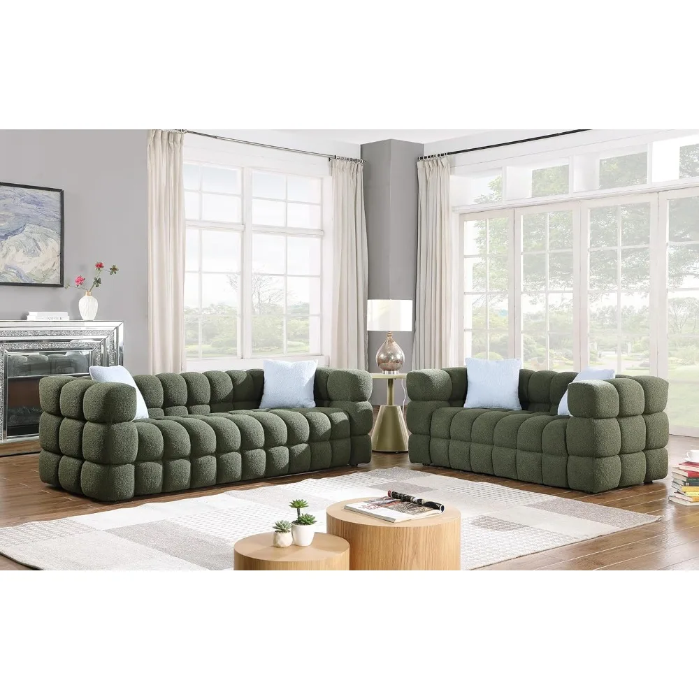 2 Piece Boucle Sofa Couch Set, Comfy Upholstered Sherpa Deep Seat Cloud Couch and Loveseat, Modern Tufted 3 Seater and 2 Seater