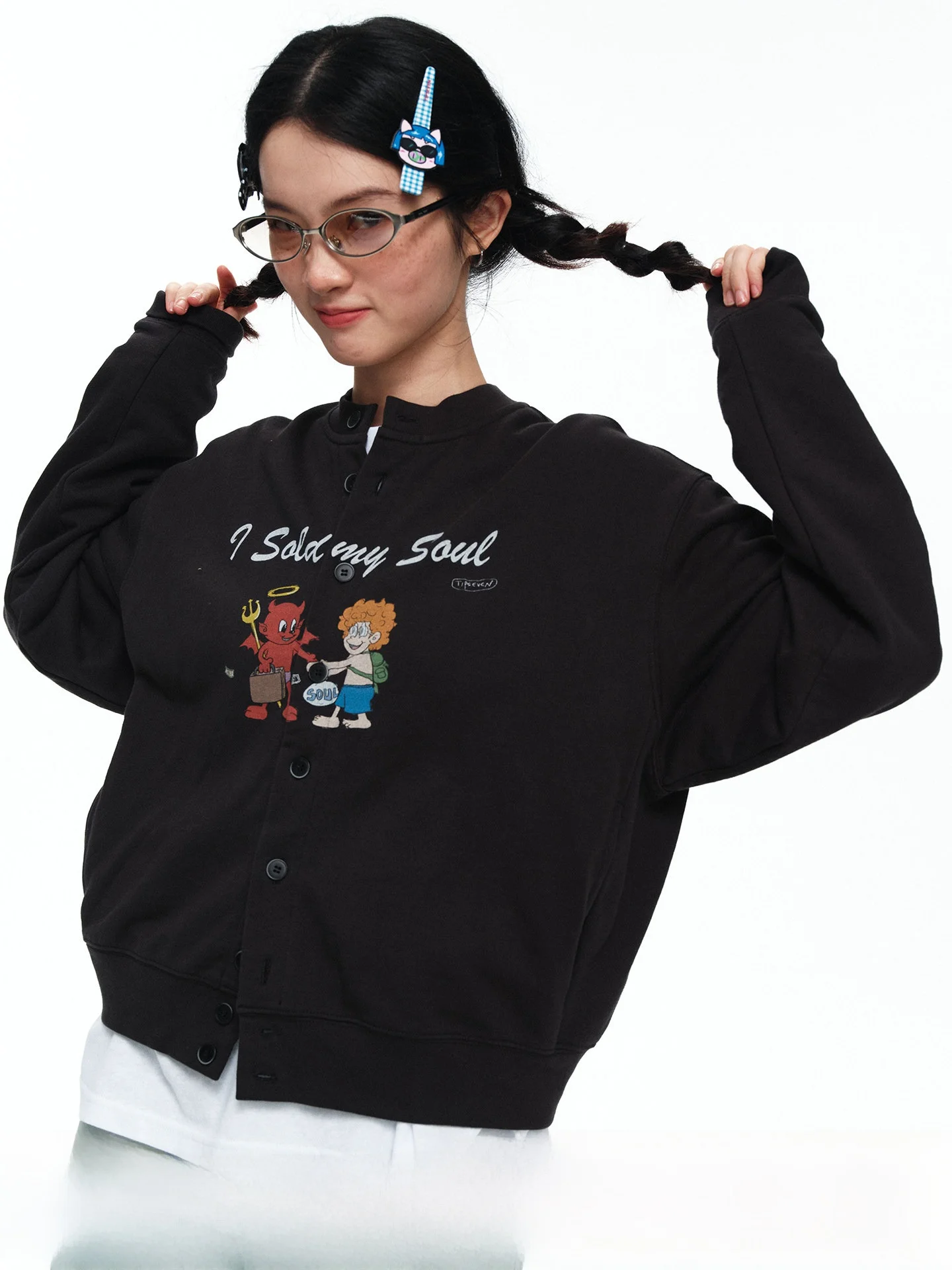 TIPSEVEN Retro Devil Boy Print Baseball Loose Knitted Jacket Women's Short Outerwear Autumn Cotton Long Sleeve Button up