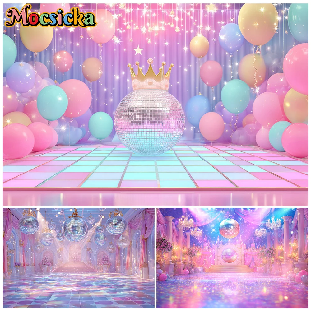 Mocsicka Pastel Disco Ball Photography Backdrop Crown Balloon Dance Floor Background Girls Birthday Party Cake Smash Photo Shoot