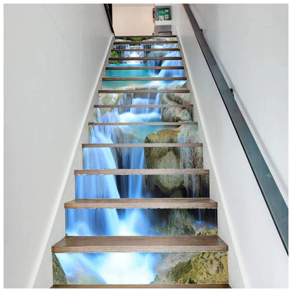 3D Stairway Stickers, imitating natural landscape flowing water waterfall steps self-adhesive stickers, home decoration stickers