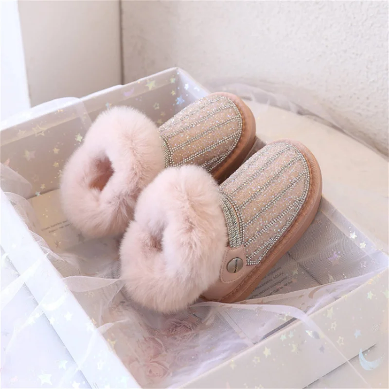 2025 Winter Children Snow Boots For Girls Leather Bling Bling Warm Plush Princess Shoes Non-slip Fashion Cotton Shoes EU21-30