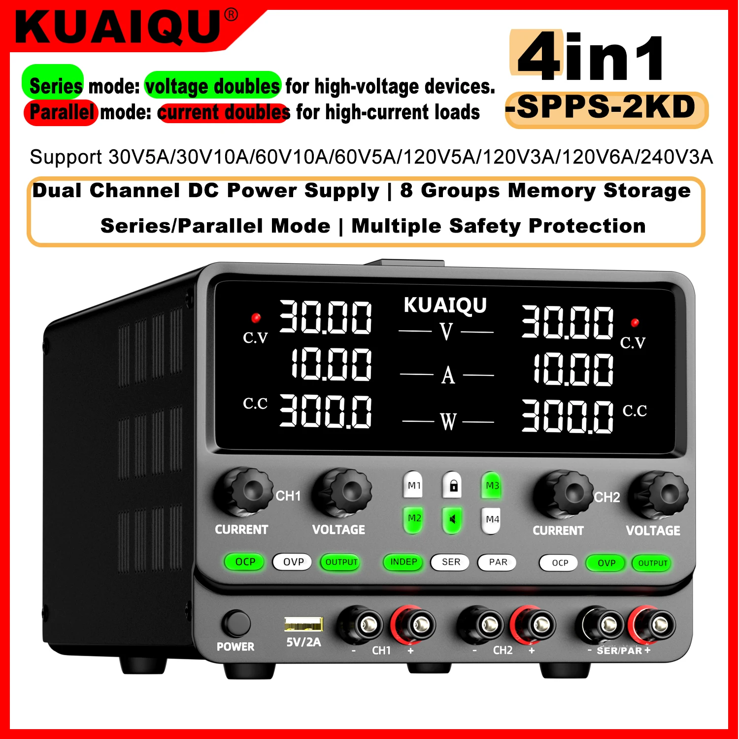 KUAIQU Lab DC Power Supply 8Groups Memory Series Parallel OVP OCP Dual Independent Output Variable Regulated Power Supply 30V10A