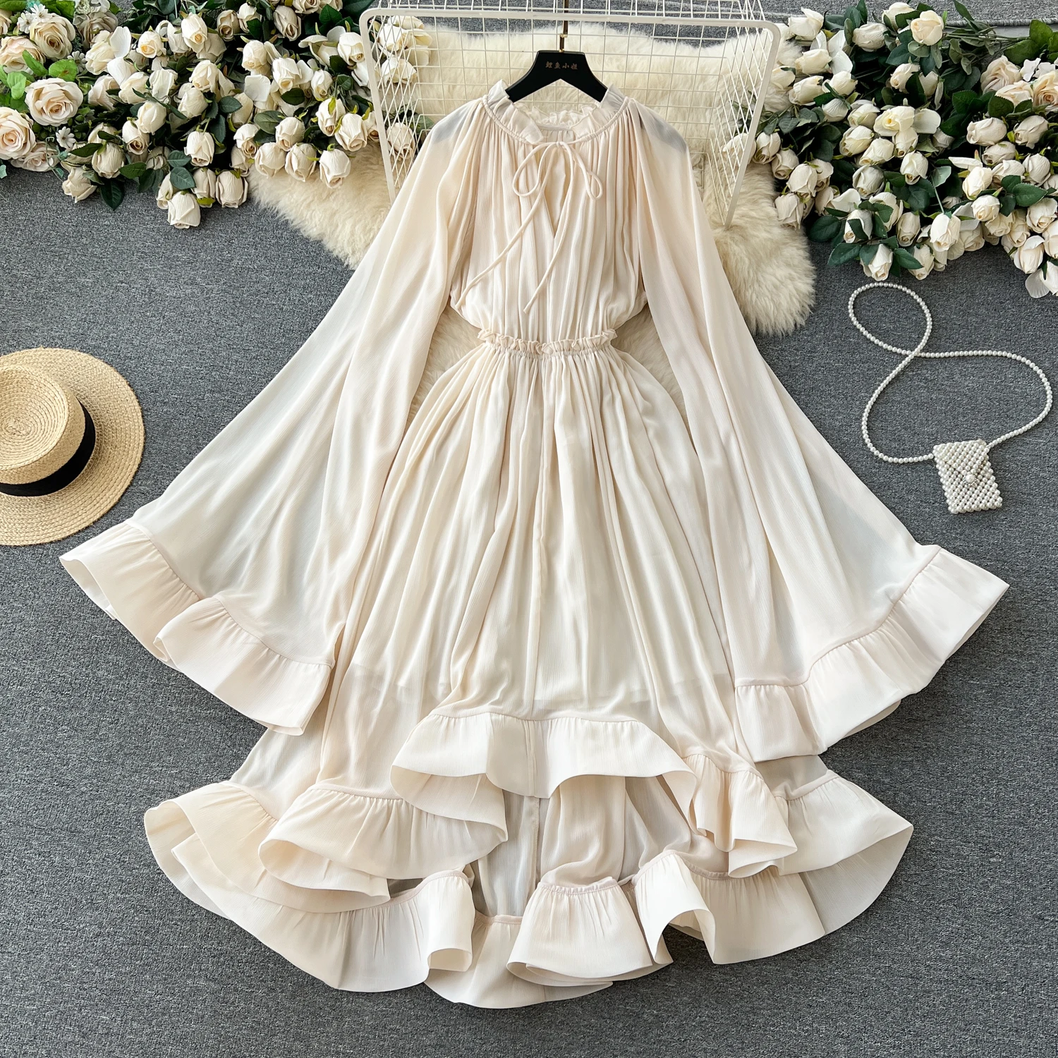 Ele Vintage High Waist Slimming Dr with Belted Flared Sves And Ruffle Hemline for Young Women in Spring Summer