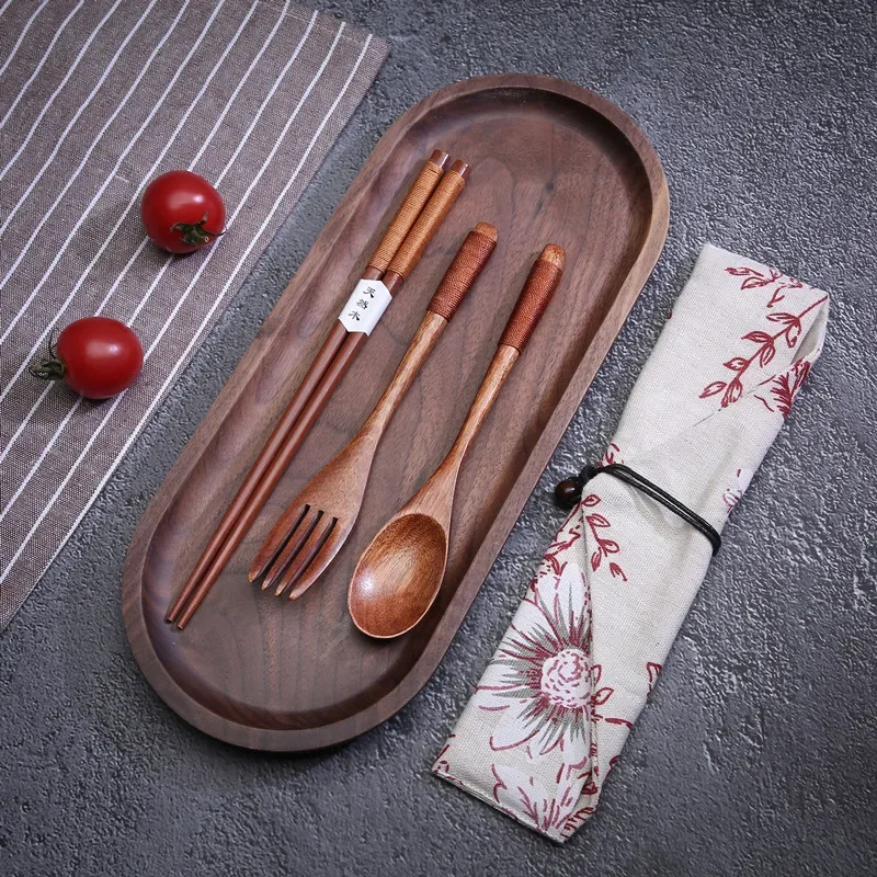 Wooden Tableware Set Cloth Bag Spoon Chopsticks Fork Cutlery Dinnerware Portable Travel Environment Students Kitchen Accessories