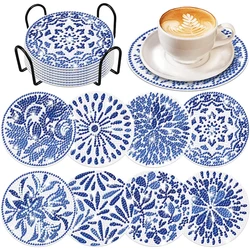 8pcs/set Blue Watercolor DIY Diamond Painting Coaster Ornament Wooden Drink Cup Cushion Diamond Embroidery Art Kit Decor