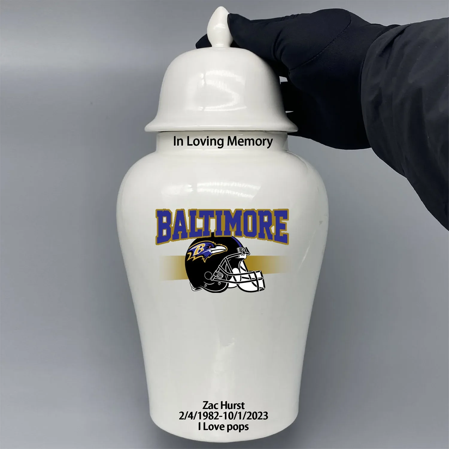 Large Urn for Baltimore Ravens-themed Logo Urn.Please send me the customize information-name/date and number on the urn