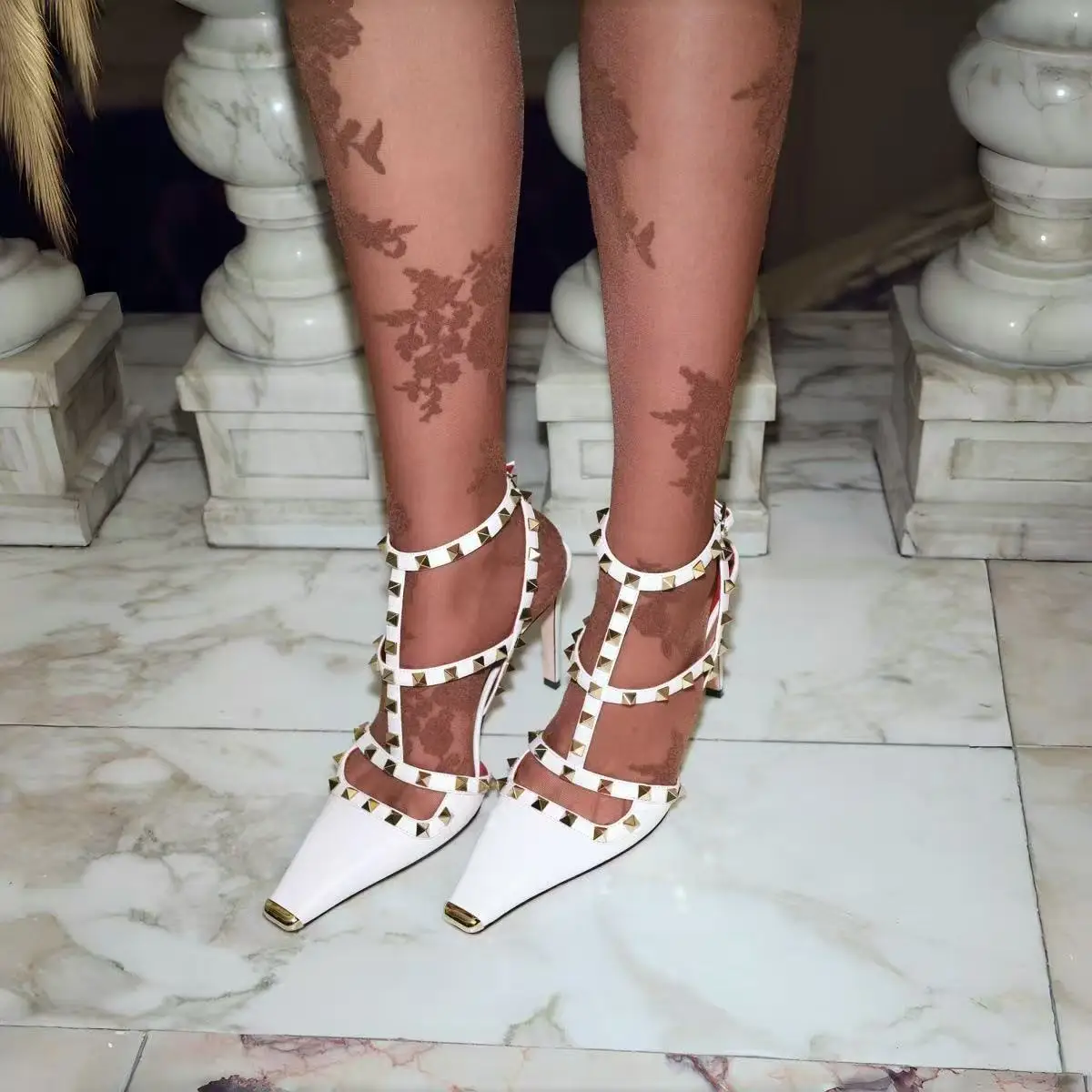 Women's Rivet Studded Pointed Toe High Heels Ankle Buckle Strap Party Pumps Plus Size 35-43 view 2