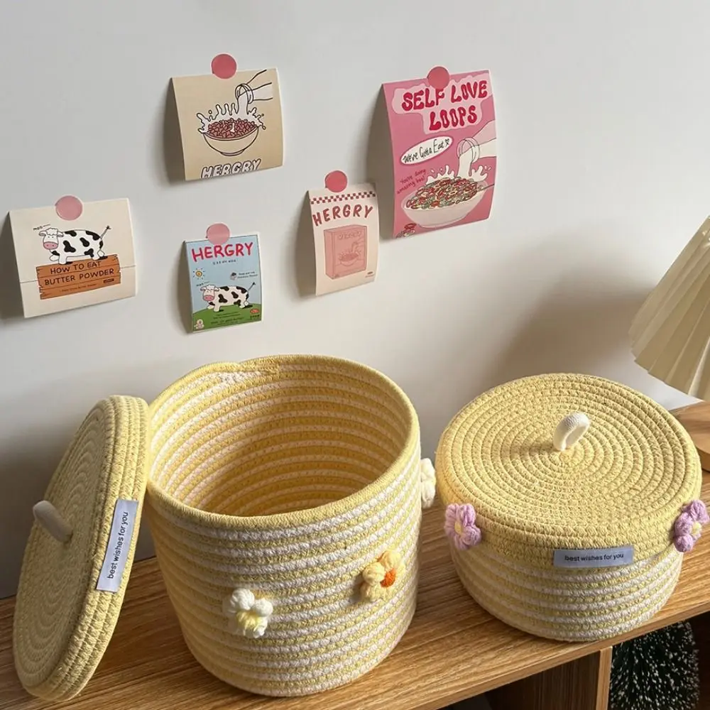 Red White Storage Basket Cotton Thread Woven Handmade Cartoon Pattern 1Pc Multifunction Storage Organizer For Home Desktop