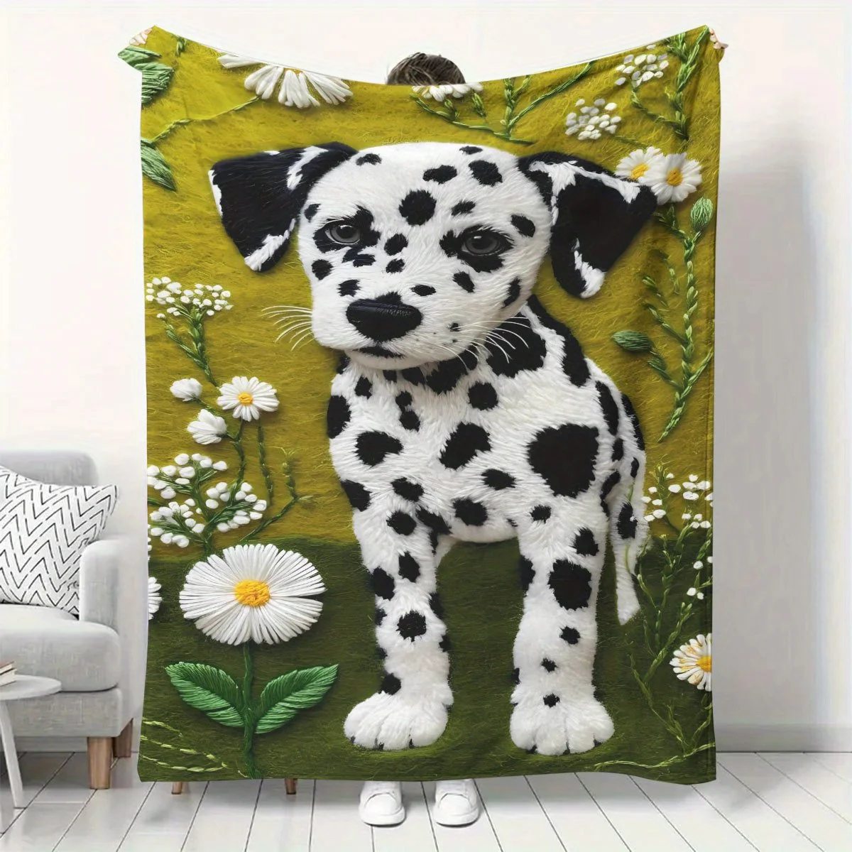 Oversize Dalmatian Dog Floral Garden Print Blanket 150x200cm Cute Animal Pet Cozy Throw Throw Bed Decor