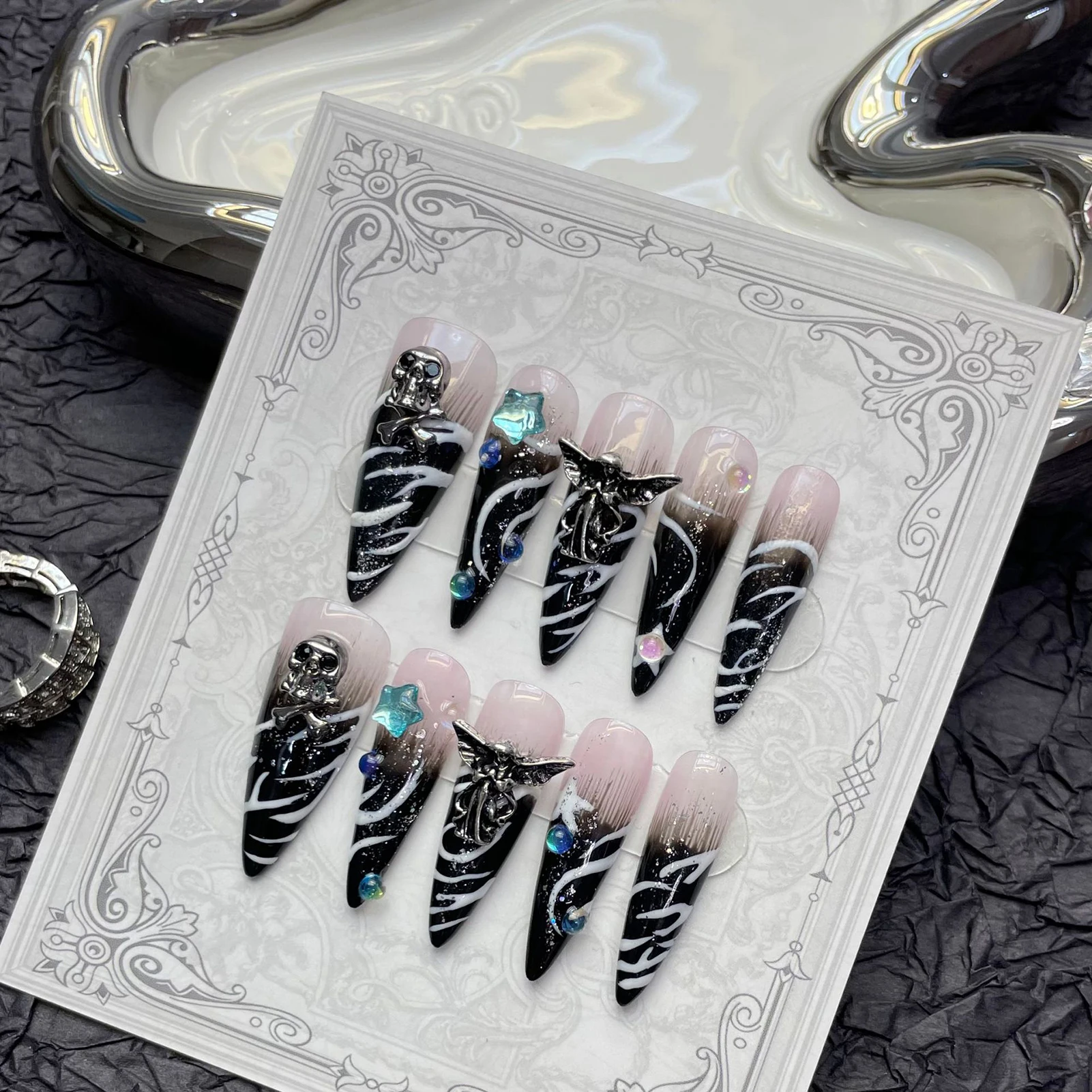 Punk Style Press On Nails Handmade Handmade Black False Nails Metal Rose Duke Designs French Style Fake Nail Tips Manicure Art