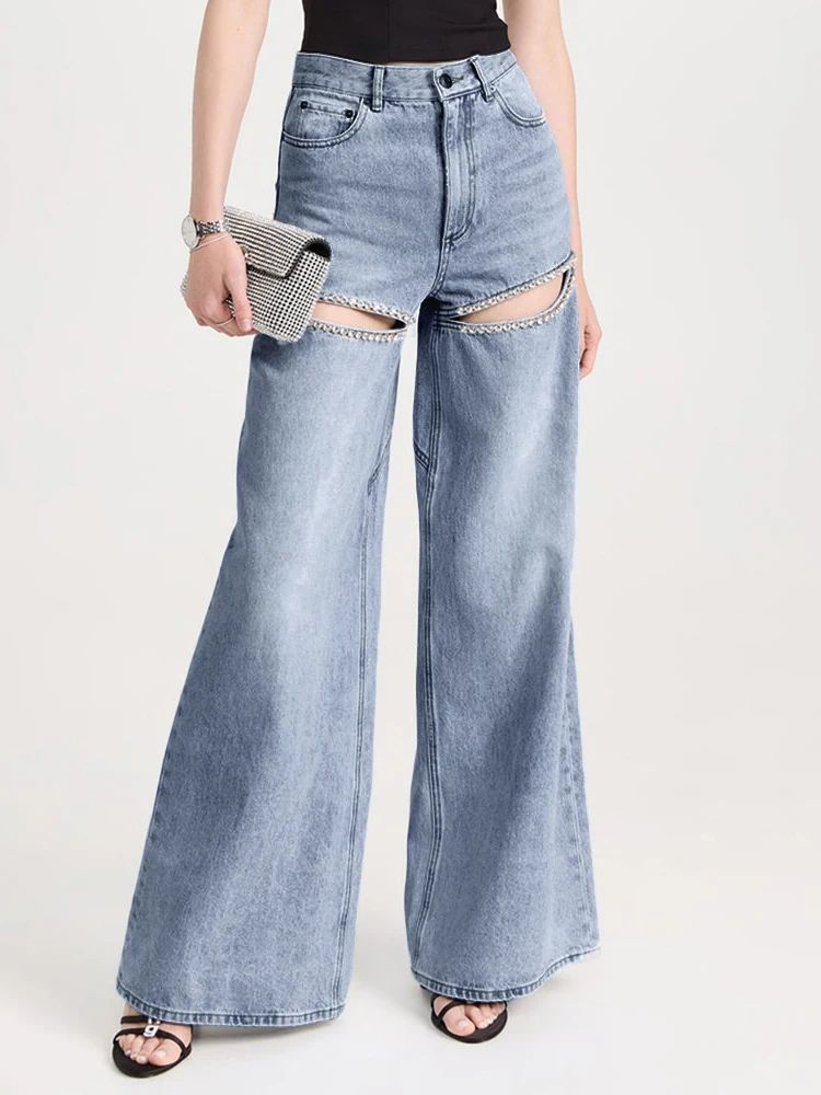 VGH Solid Spliced Diamonds Hollow Out Denim Wide Leg Pants For Women High Waist Patchwork Pocket Minimalist Trousers Female New