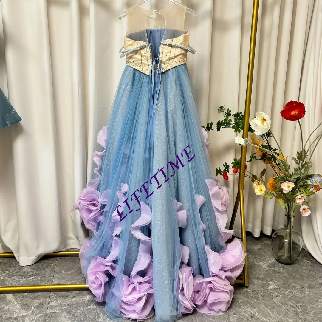 Luxury Gradient Blue Flower Girl Dress with Crystal Long Train Customized Kids Princess Gown for Wedding Pageant Birthday Partie