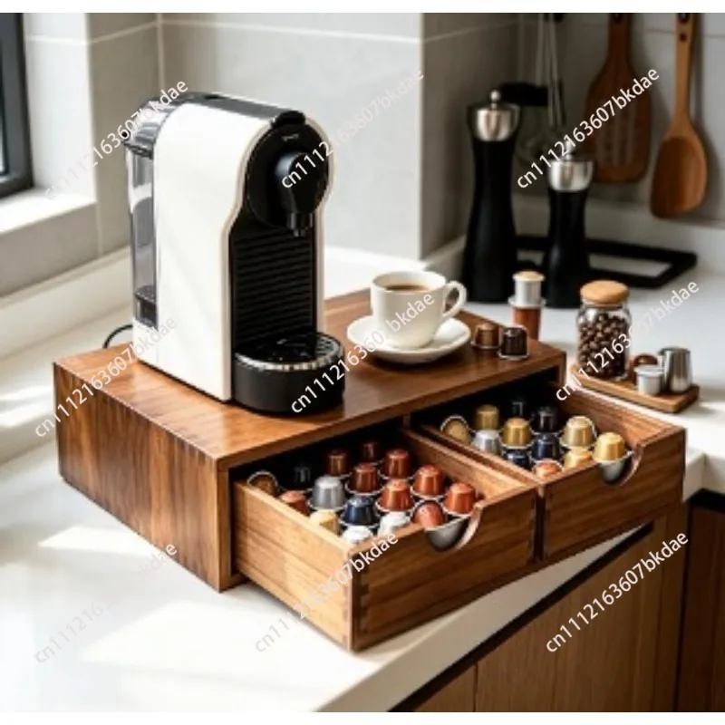 Wooden Capsule Coffee Drawer Storage Multifunctional Coffee Machine Base Bracket Durable Organizer For Home Kitchen Countertop