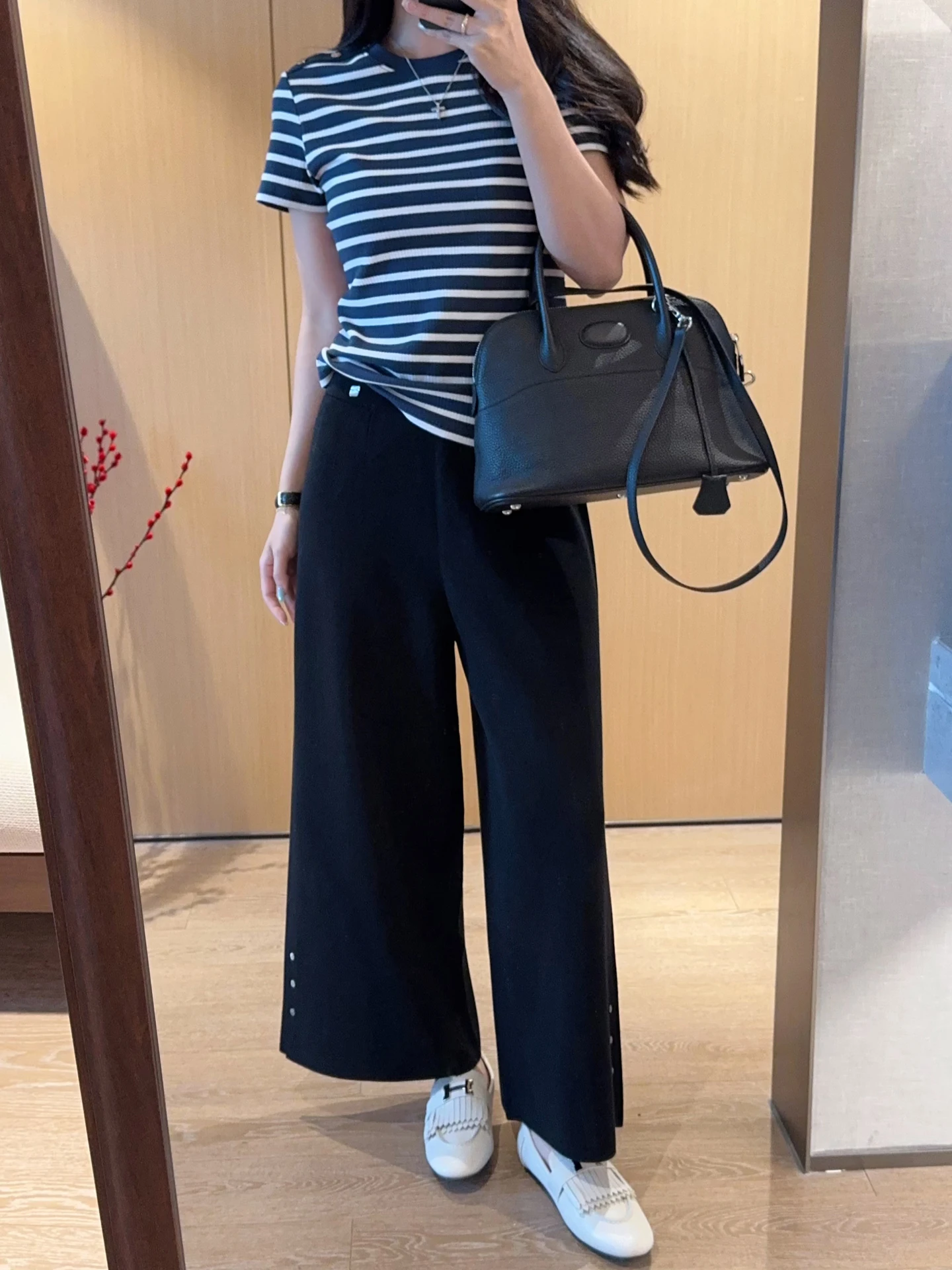 

Acetate Cotton Knitted Wide Leg Pants Straight Cut Elastic Waist Women's Casual Trousers Slimming Hidden Meat Versatile Sprin...