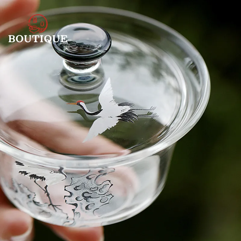 Pine And Crane Gaiwan Original Glass Tea Bowl Chawan Heat-Resistant Handmade Kung Fu Set Tea Cup Tool Gai Wan Cover Maker 200ml view 3