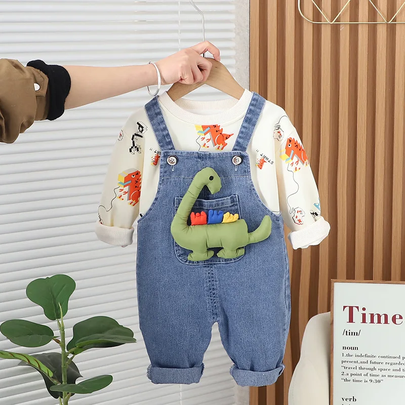 Spring Autumn New Baby Boys Clothing Sets Cartoon Dinosaur Long Sleeve Sweatshirt + Denim Jumpsuit Rompers Kids Casual Clothes