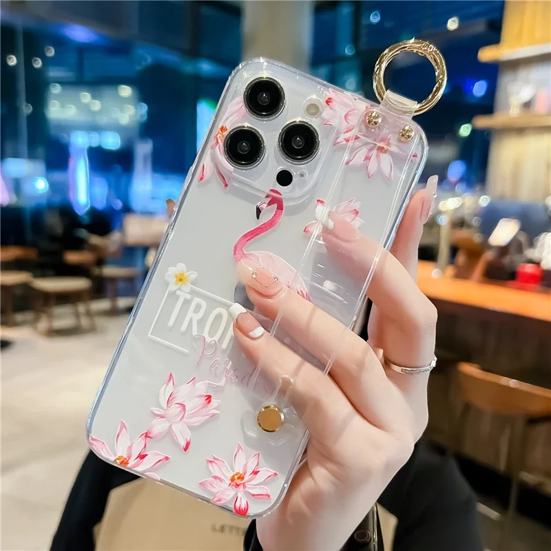 Fashion Flamingo Phone Holder Case for iPhone 15 14 Pro 13 12 11 Pro Max XR XS X SE 2020 7 8+ Transparent Hand Band Cover Coque