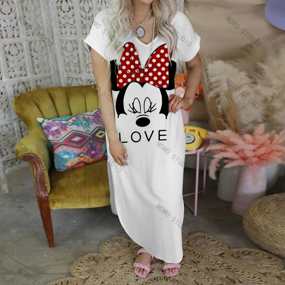 2022 minnie mouse y2k lazer maxi com decote em v sexy robe casual vestido de praia disney mulher roupas mickey longo dos desenhos animados das