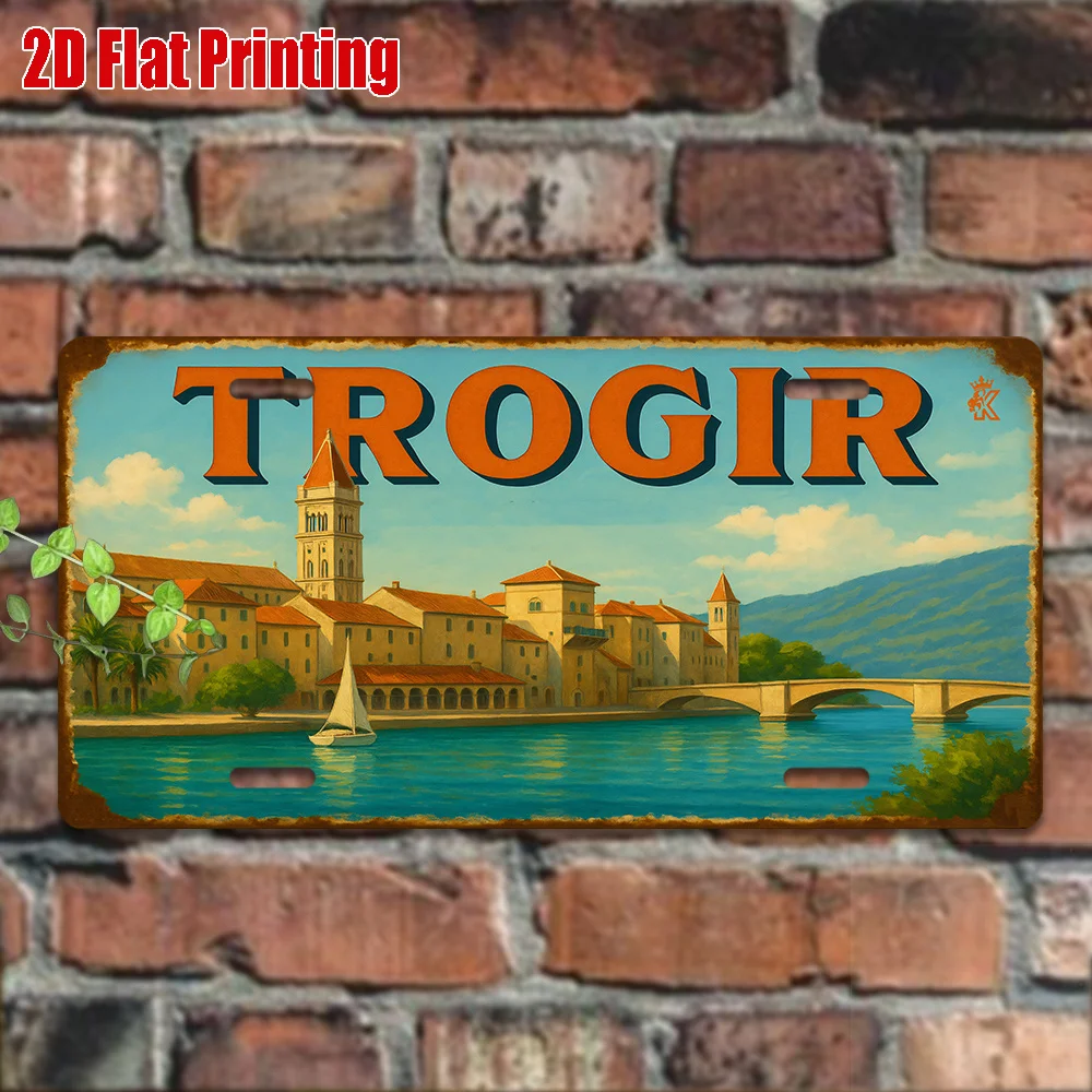 2D Flat, 1pc Vintage Metal Metal Sign - TROGIR Aluminum Sign, 29.97cm x 14.99cm Retro Coastal Town Wall Art, Durable Outdoor/Ind